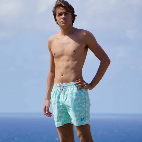 Mens swim shorts: LIME SLICE - GREEN / BLUE - Pink House Mustique