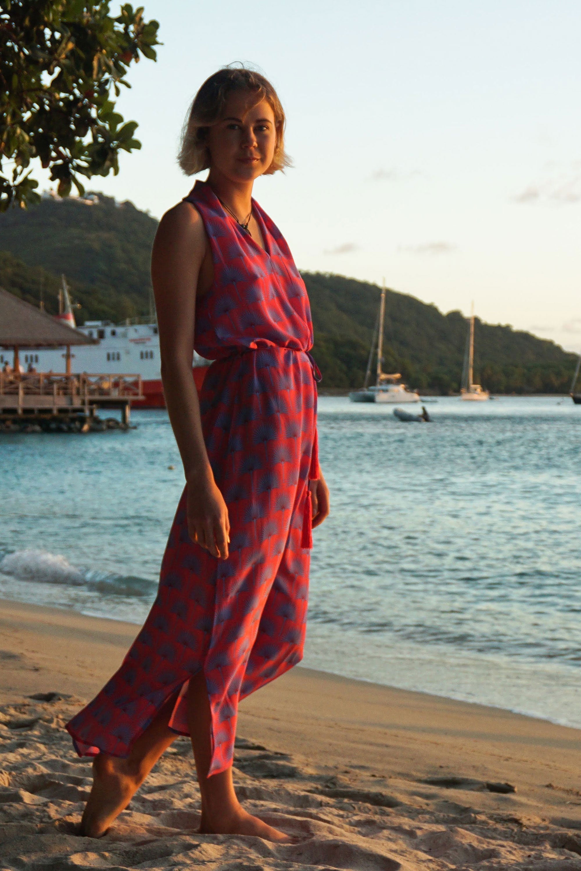 Lotty B 3/4 Halter Dress in Silk Crepe-de-Chine: SINGLE PALM REPEAT - PINK / BLUE designer Lotty B Mustique, Luxury Resort Wear