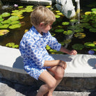 Childrens Linen Shirt: MANTA RAY NAVY sitting by the pond Mustique