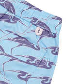 Boys sustainable turquoise blue swim shorts with Egret bird print pocket detail