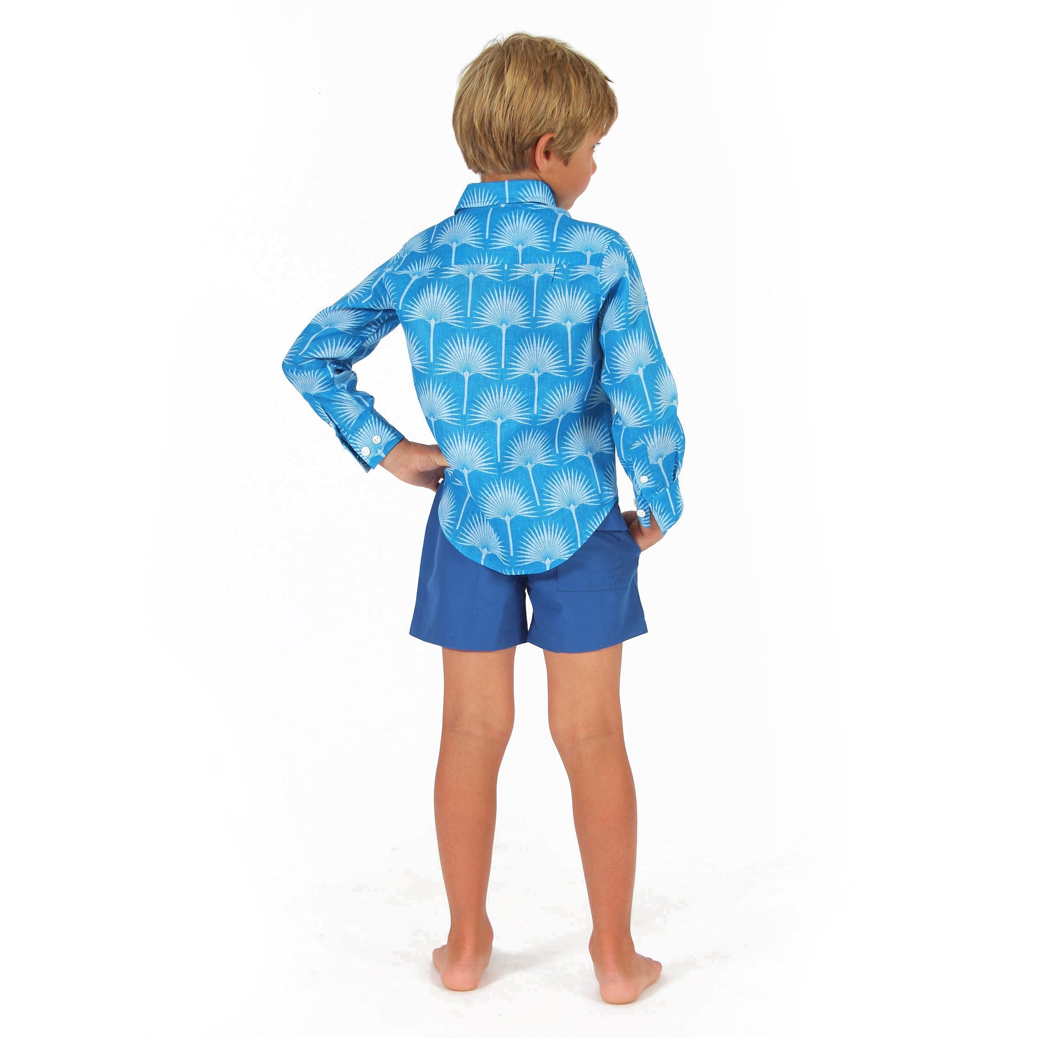 Childrens Linen Shirt: FAN PALM PALE BLUE / MID BLUE, back