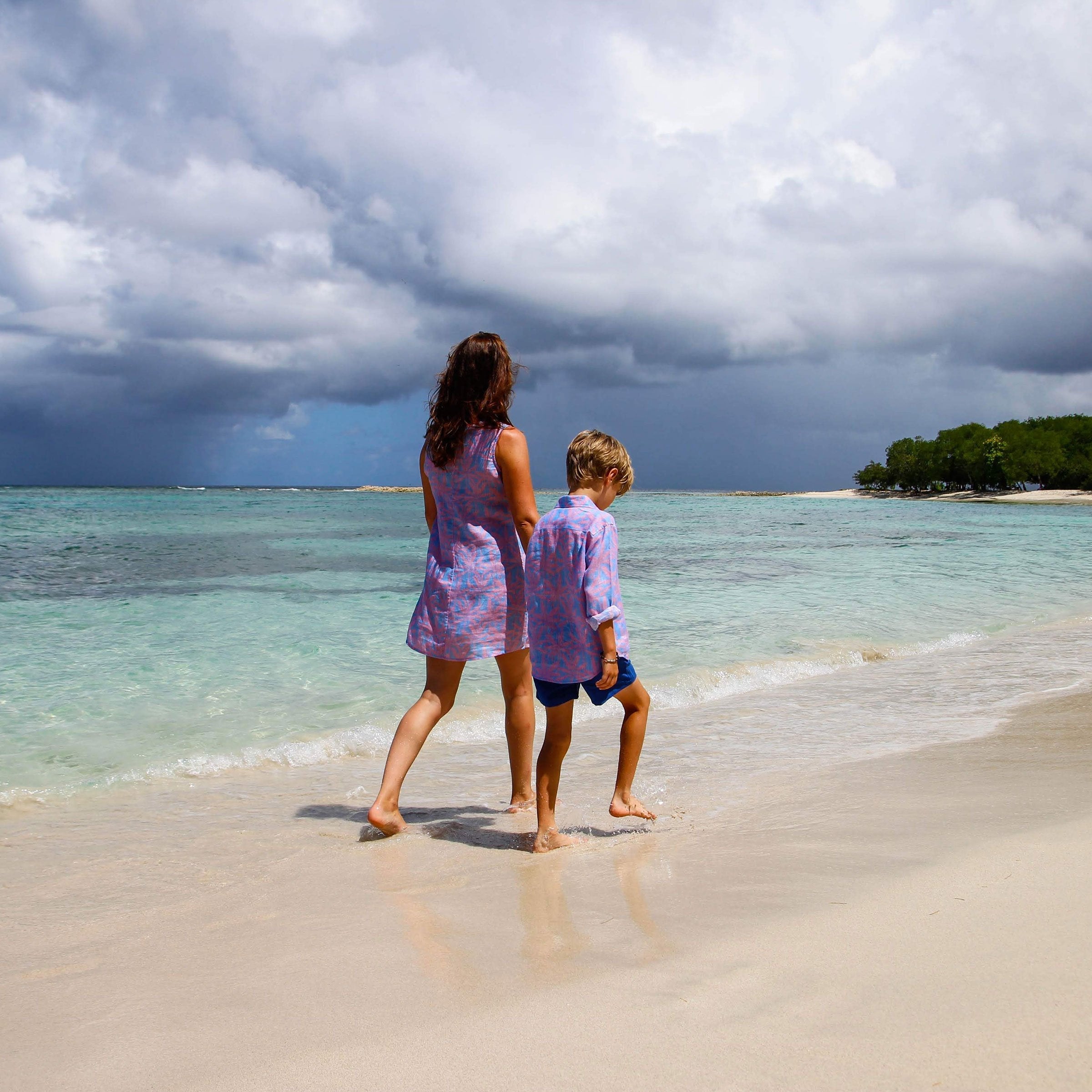 Childrens Linen Shirt: BANANA TREE - PINK designer Lotty B Mustique holiday fashion