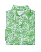 Childrens linen shirt in green floral Protea print by designer Lotty B for Pink House Mustique