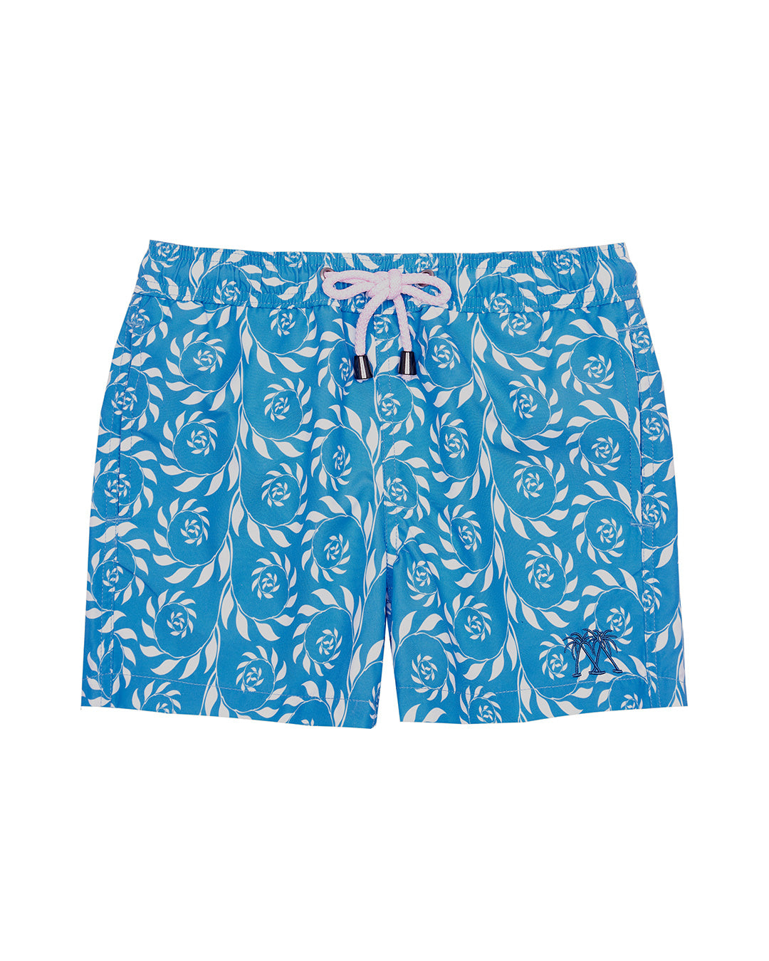 Children's premium sustainable quick dry swim shorts in turquoise fern print