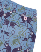 Back pocket detail of children's premium sustainable quick dry swim shorts in blue and green monkey print