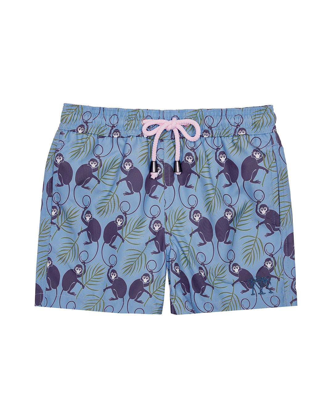 Children's premium sustainable quick dry swim shorts in blue and green monkey print