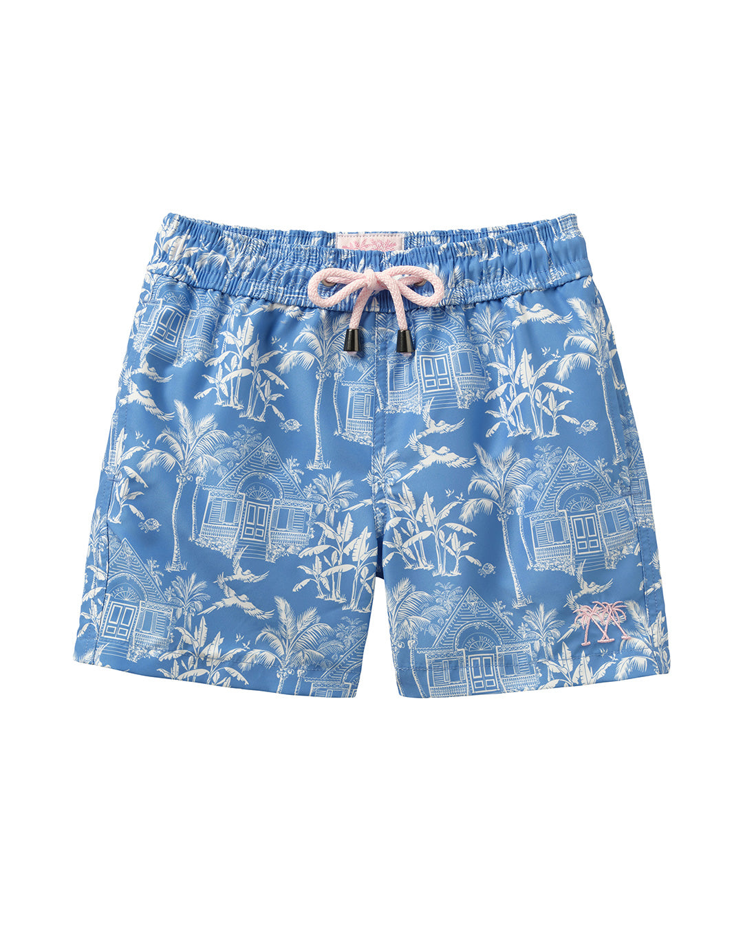 Children's swim shorts in blue Pink House Toile print