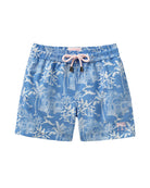 Children's swim shorts in blue Pink House Toile print