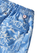 Children's swim shorts back pocket detail in blue Pink House Toile print