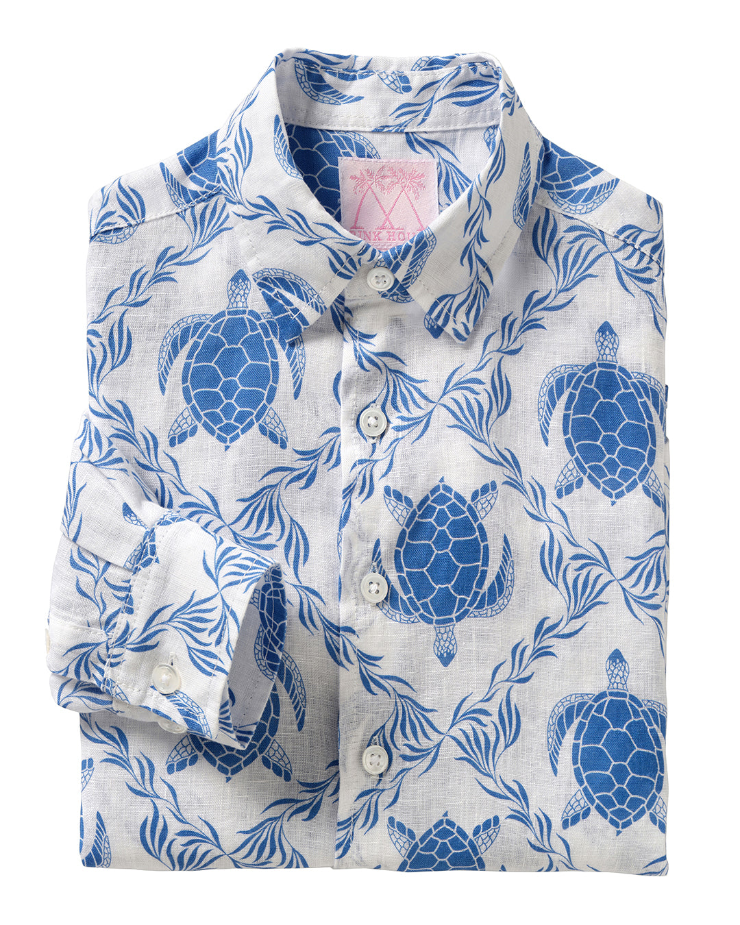 Kids linen shirt in classic blue Turtle Trellia print by Pink House