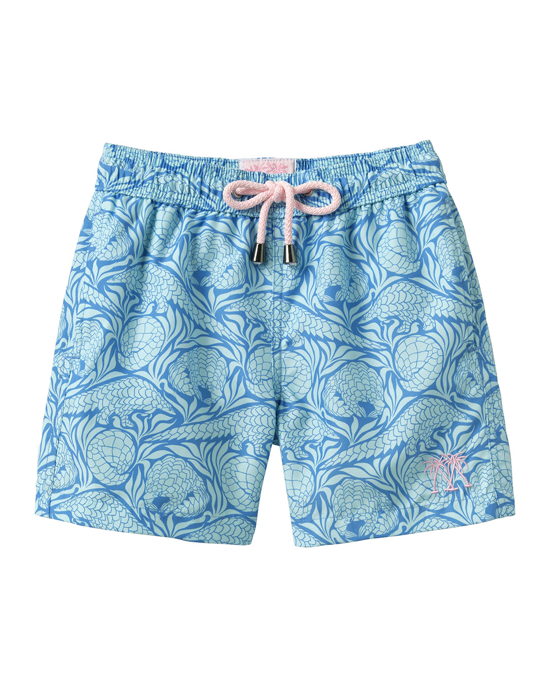 Kid's swim shorts in blue Pangolin print from Pink House