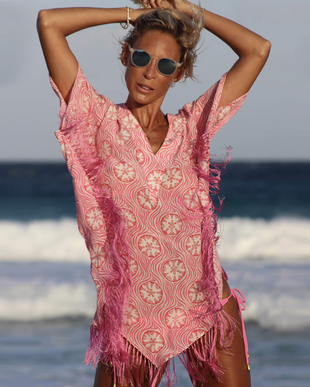 Luxury beach style silk poncho in coral pink Sand Dollar Crepe-de-Chine by designer Lotty B