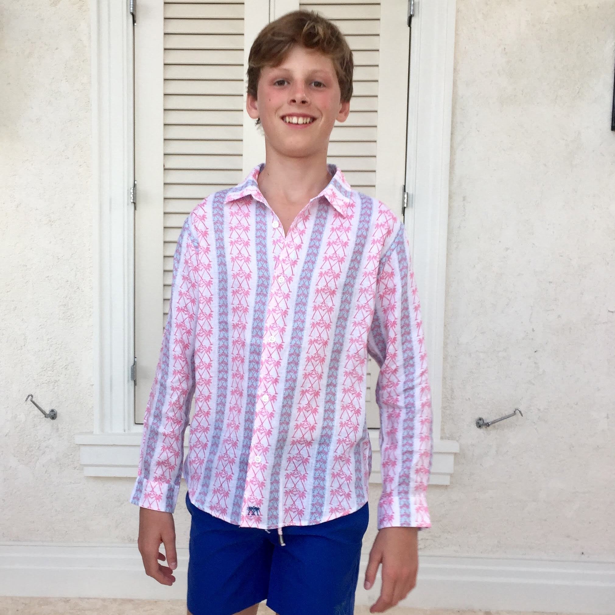 Childrens Linen Shirt: M PALM STRIPE RED designer Lotty B for Pink House Mustique kids holiday clothing