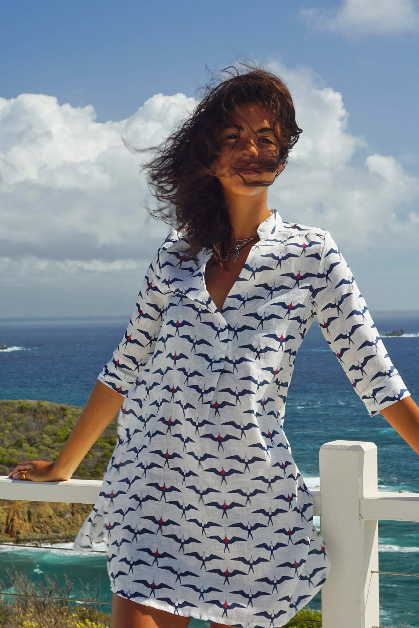 Womens linen holiday dresses, breezy seabird print Frigate Bird navy blue red & white 