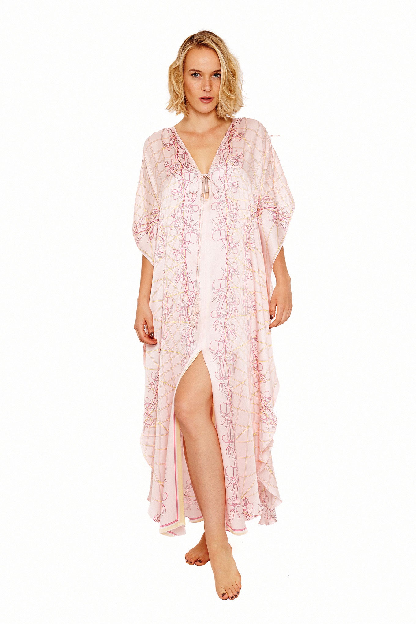 Lotty B Long Kaftan in Silk Crepe-de-Chine (Spiderlily Peach Pink) Front