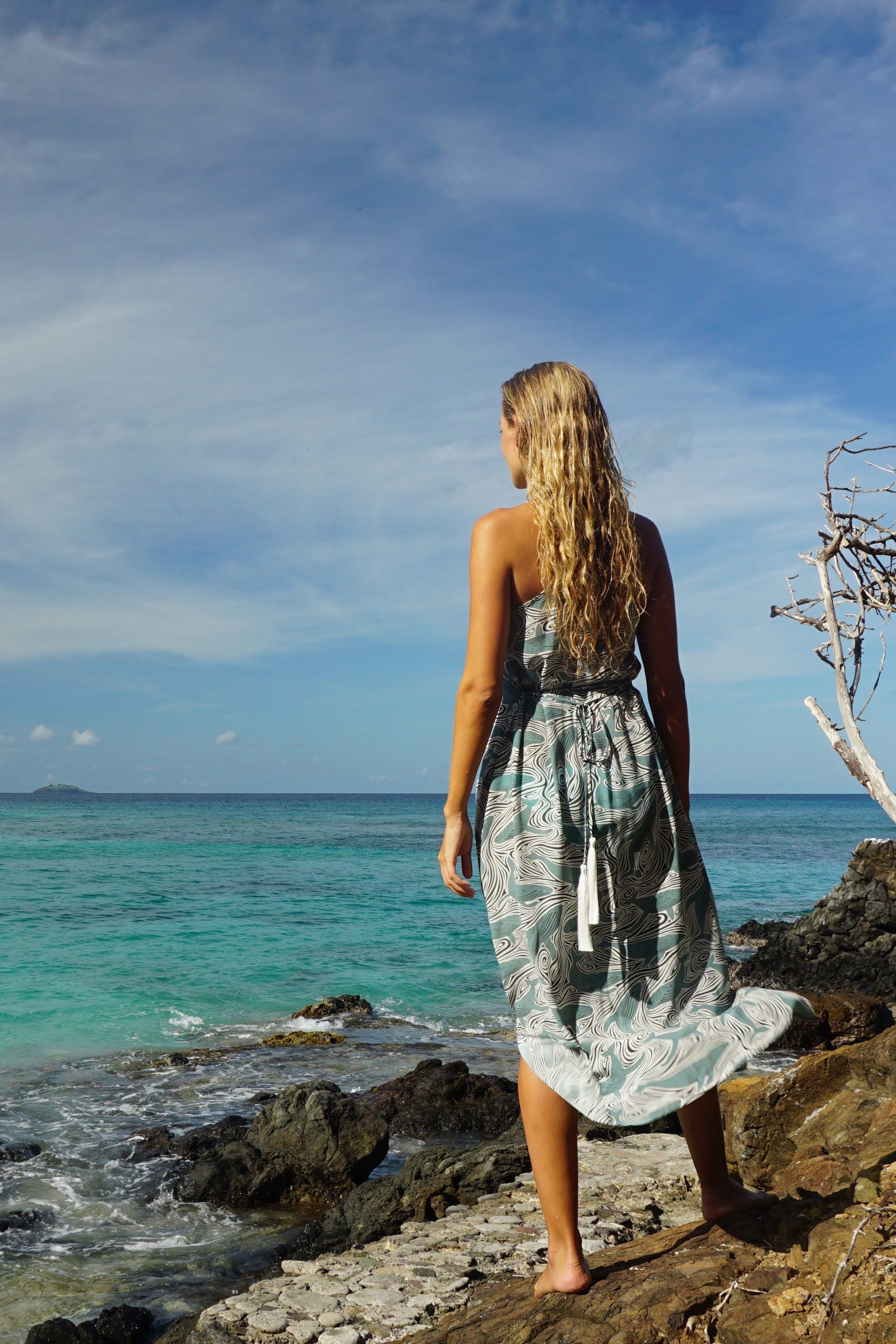 Luxury vacation fashion by designer Lotty B silk halter dress in black & white whale print