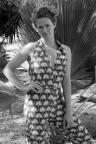 Jumpsuit in Silk Crepe-de-Chine: SINGLE PALM REPEAT - BLACK/WHITE designer Lotty B Mustique luxury resort wear