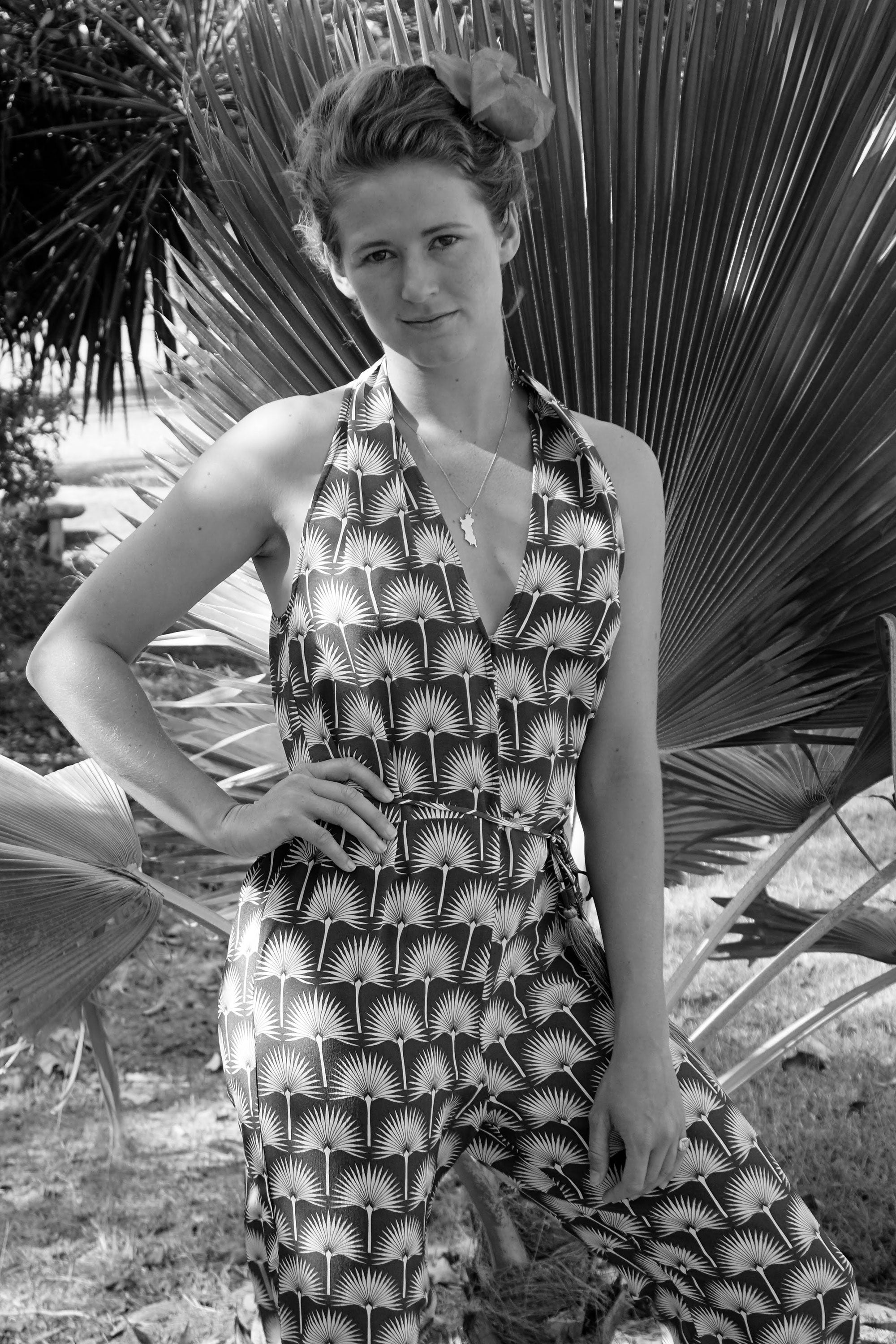 Jumpsuit in Silk Crepe-de-Chine: SINGLE PALM REPEAT - BLACK/WHITE designer Lotty B Mustique luxury resort wear