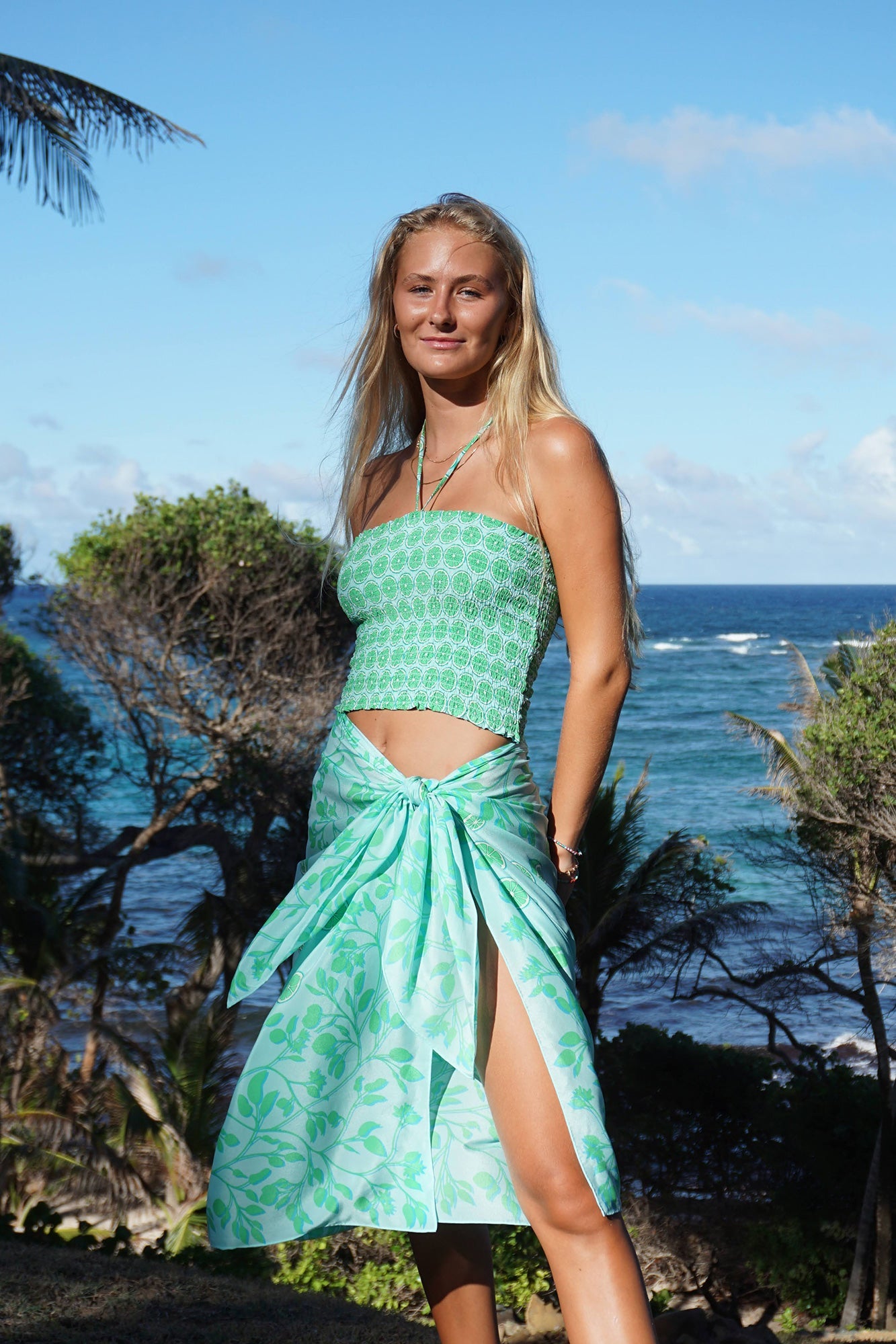 Complete your tropical beach look with a spotty lime slice shirred silk bandeau