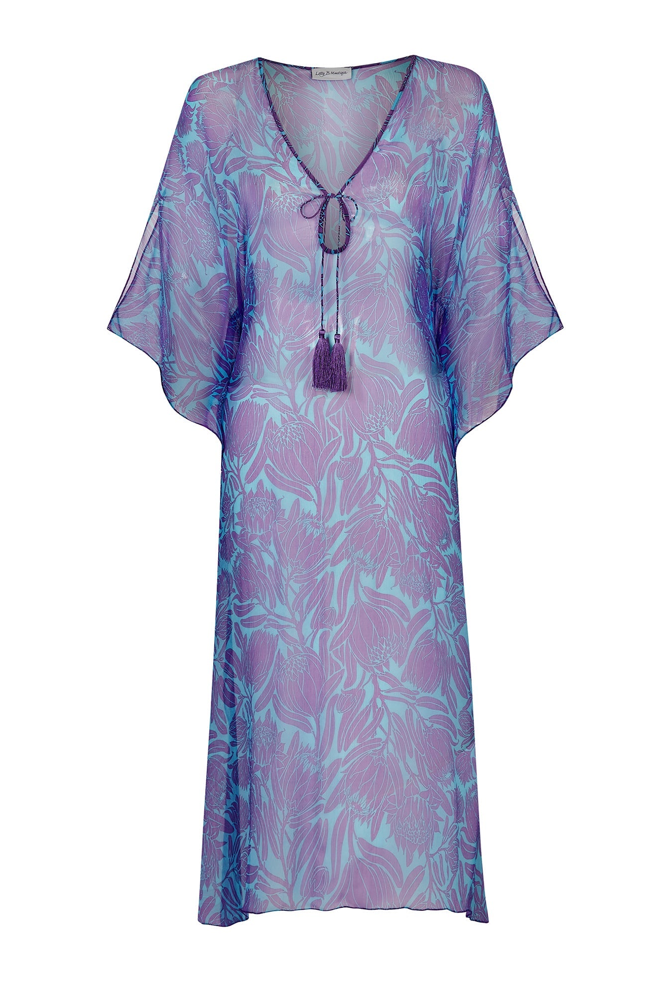 Chiffon silk kaftan, Ellie violet & turquiose blue Protea print by Lotty B Mustique