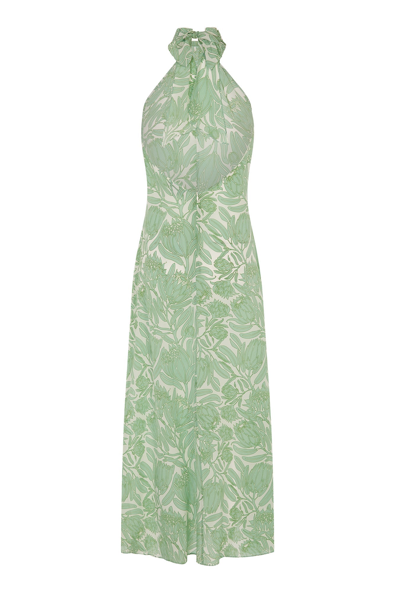 backless silk Dena dress in green Protea print by Lotty B Mustique