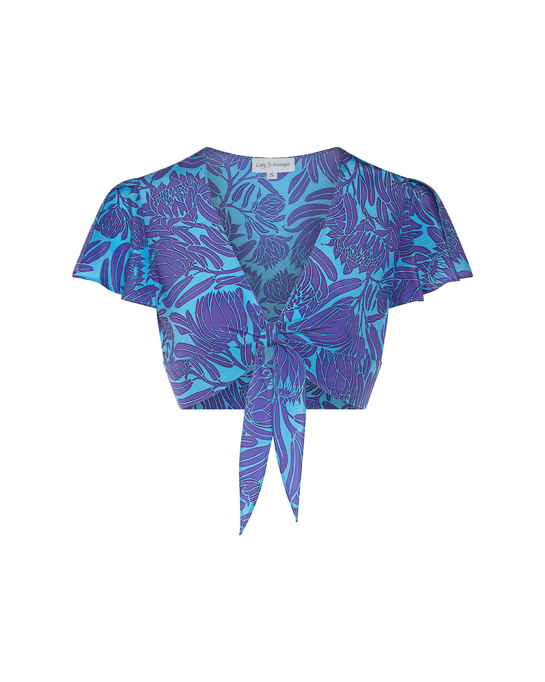 Pure silk cropped tie top in Protea violet & turquoise print by designer Lotty B Mustique