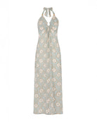 Maxi length halter neck silk dress in Sand Dollar repeat print by Lotty B Mustique