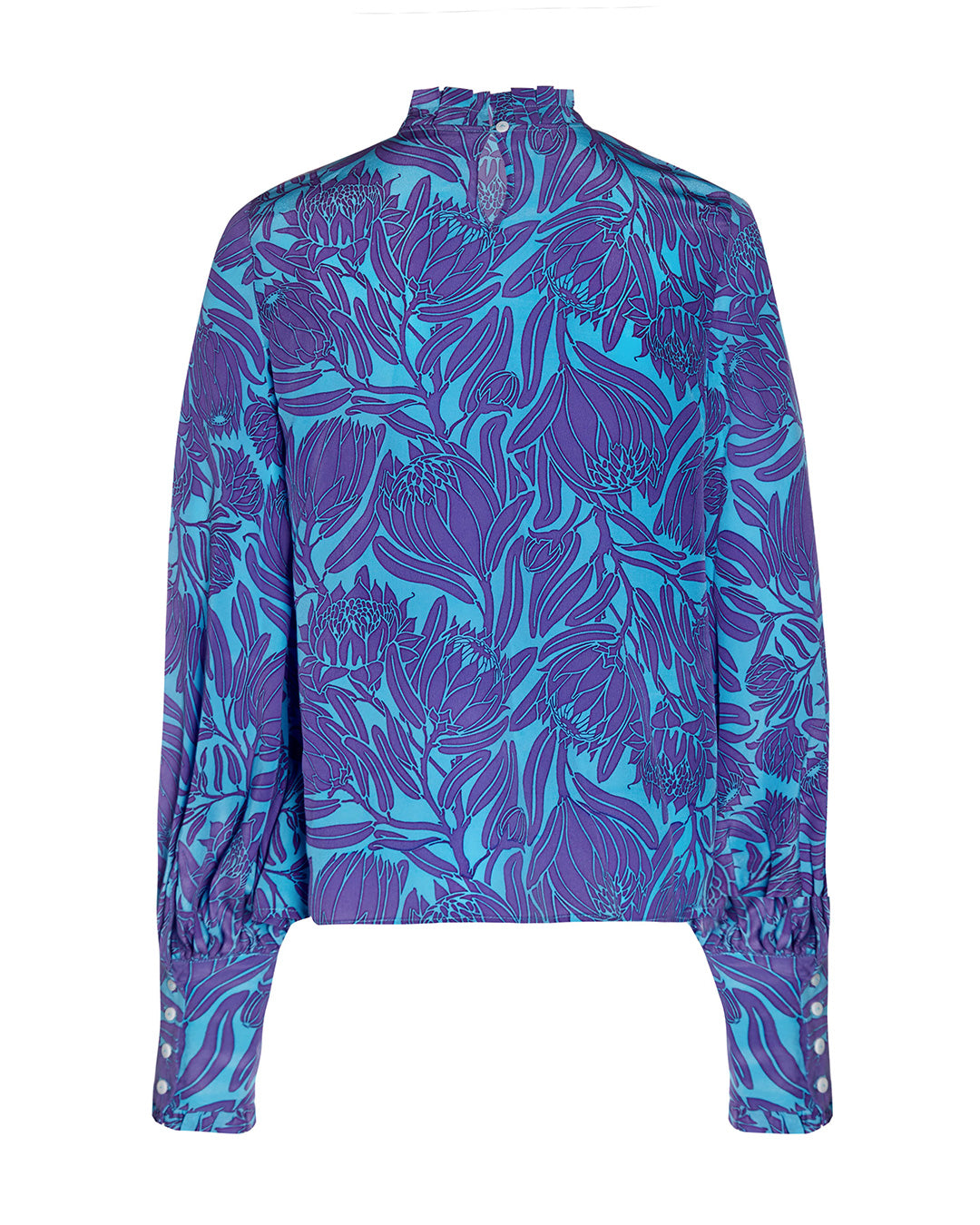 Buttoned neck at back of silk crepe Kelly blouse in violet & turquoise protea flower print by Lotty B