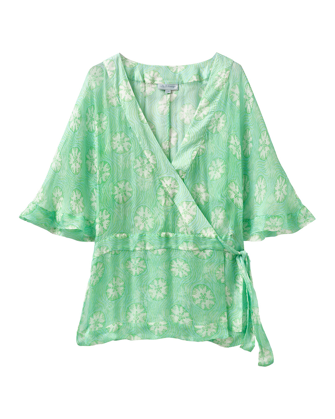 Chiffon silk Kimono in green Sand Dollar print by resortwear designer Lotty B for Pink House