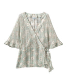 Chiffon silk Kimono in pale blue and taupe Sand Dollar print by resortwear designer Lotty B for Pink House