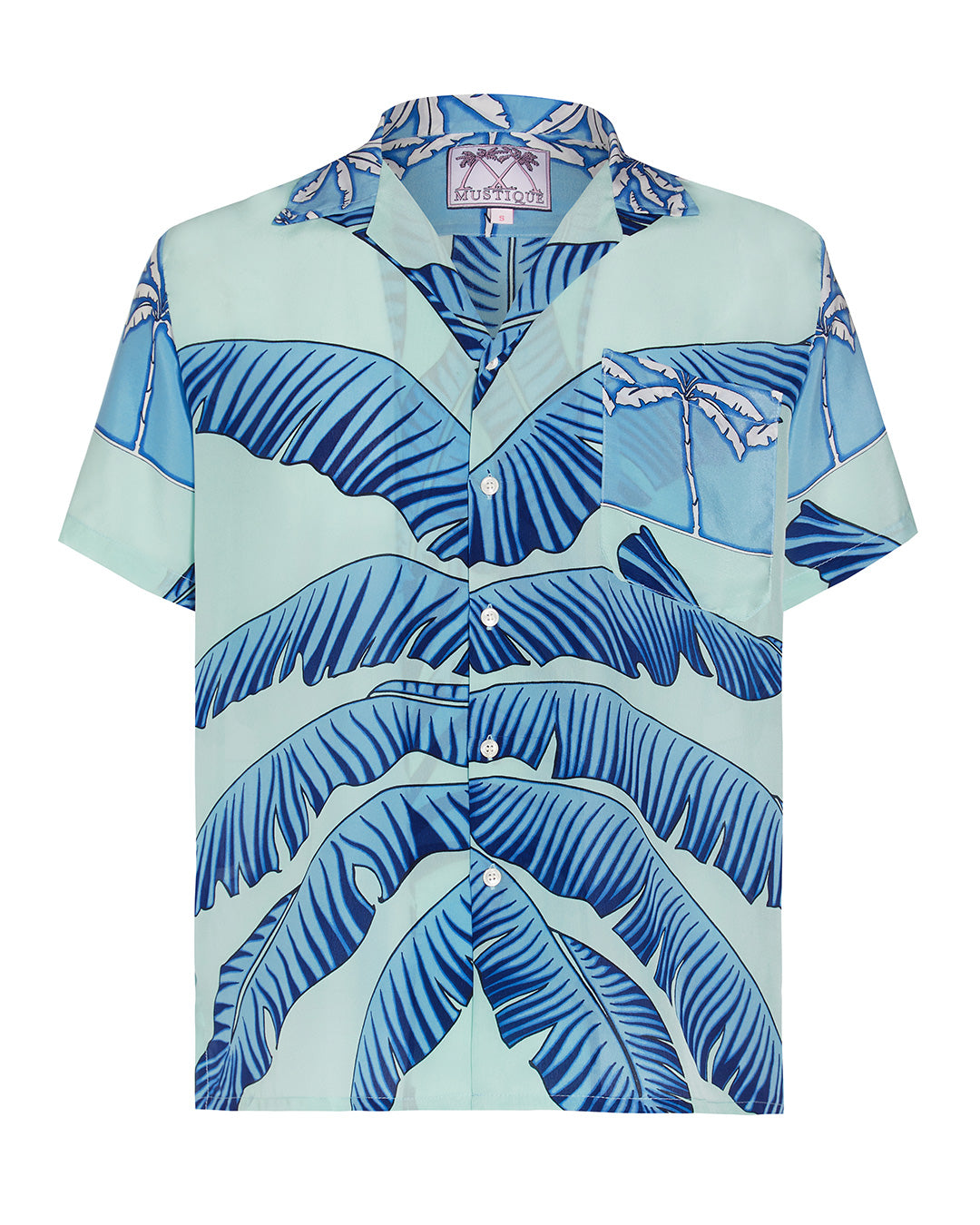 Lotty B unisex silk festival shirt in tropical Banana print in brilliant blues