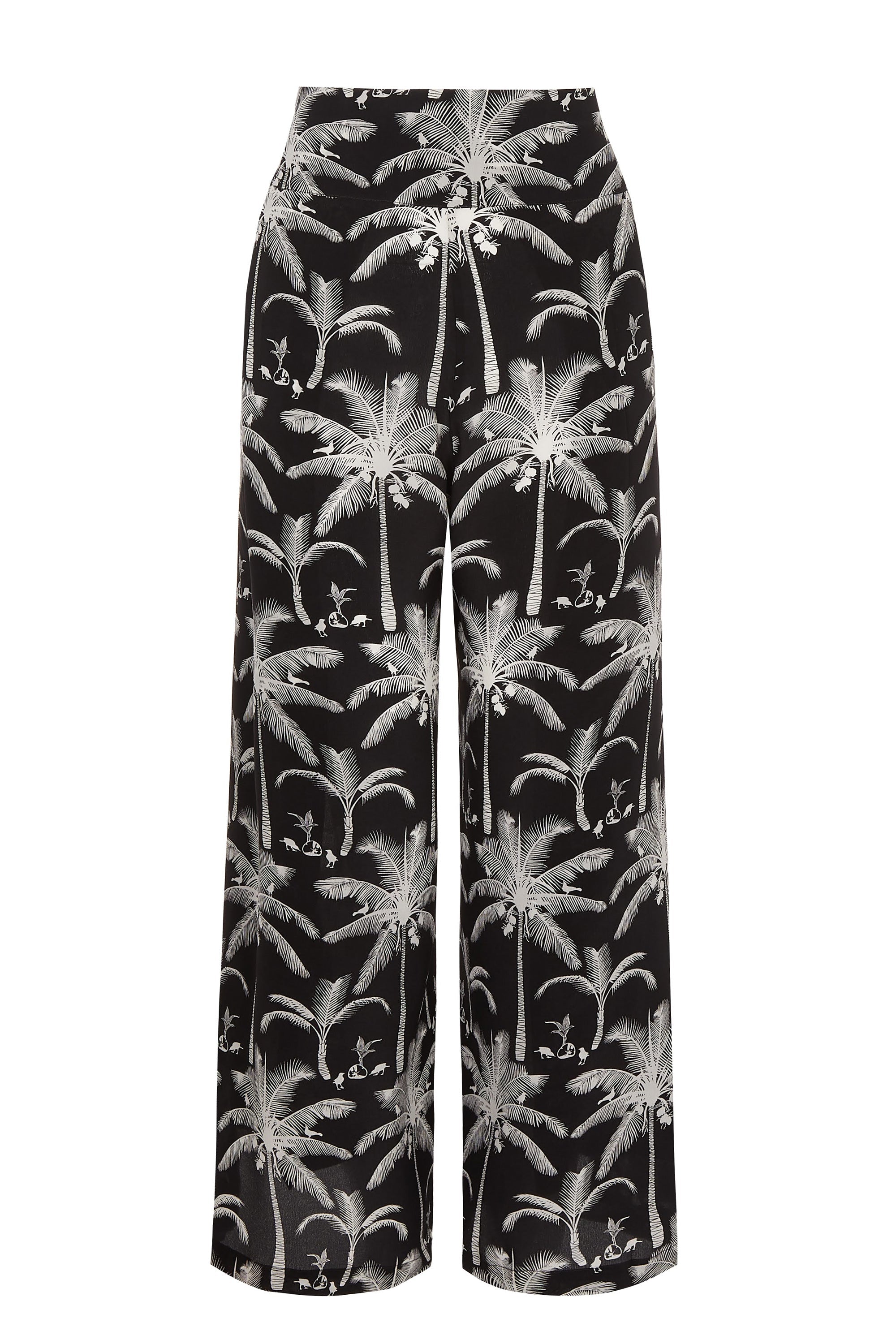 Silk cdc Gabija palazzo pants black and white plantation palm print by Lotty B Mustique