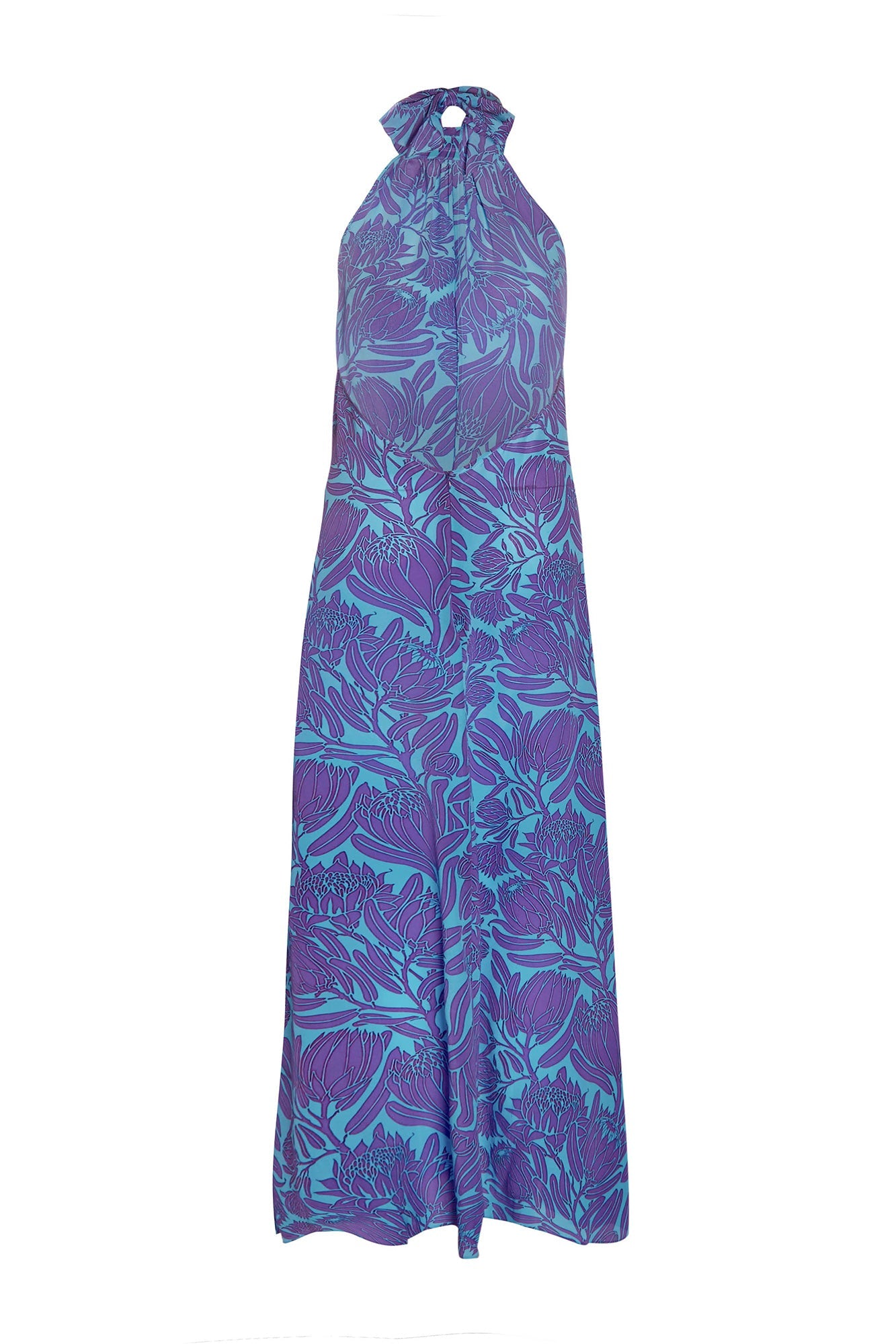 Backless silk Dena dress in violet & turquoise blue Protea print by Lotty B Mustique