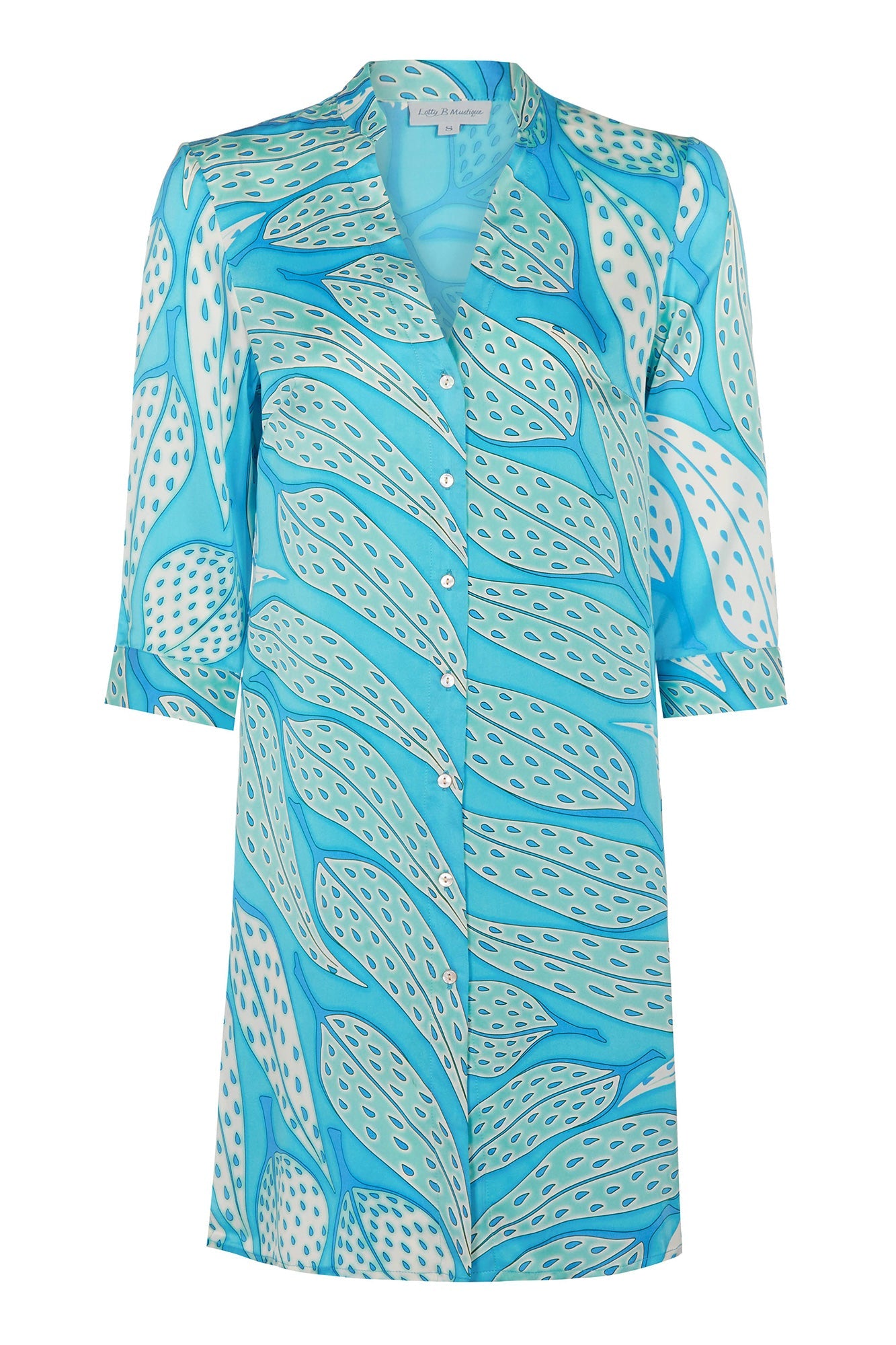 Pure Silk Charmeuse Buttoned Shirt Dress in Leaves Turquoise print by Lotty B Mustique