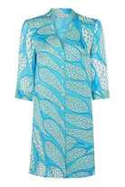 Pure Silk Charmeuse Buttoned Shirt Dress in Leaves Turquoise print by Lotty B Mustique