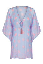 Silk Chiffon Cosima Kaftan in Lime Tree blue and pink print by designer Lotty B for Pink House