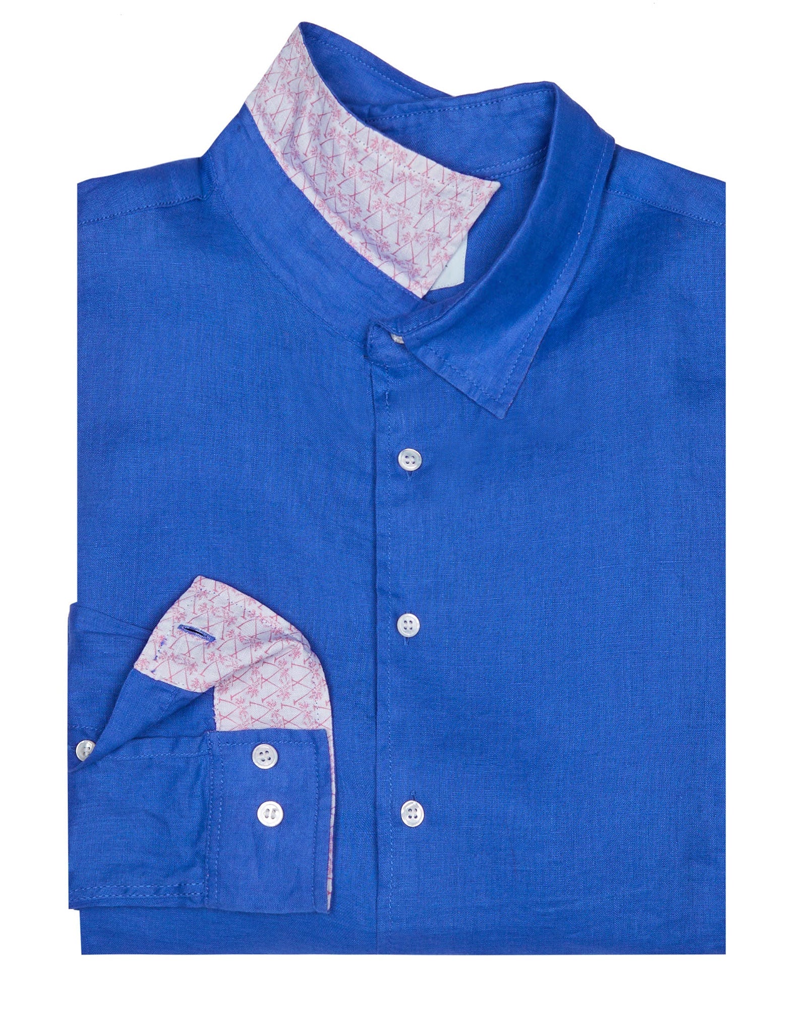 Folded Mens designer Linen Shirt by Lotty B for Pink House Mustique in plain Dazzling Blue