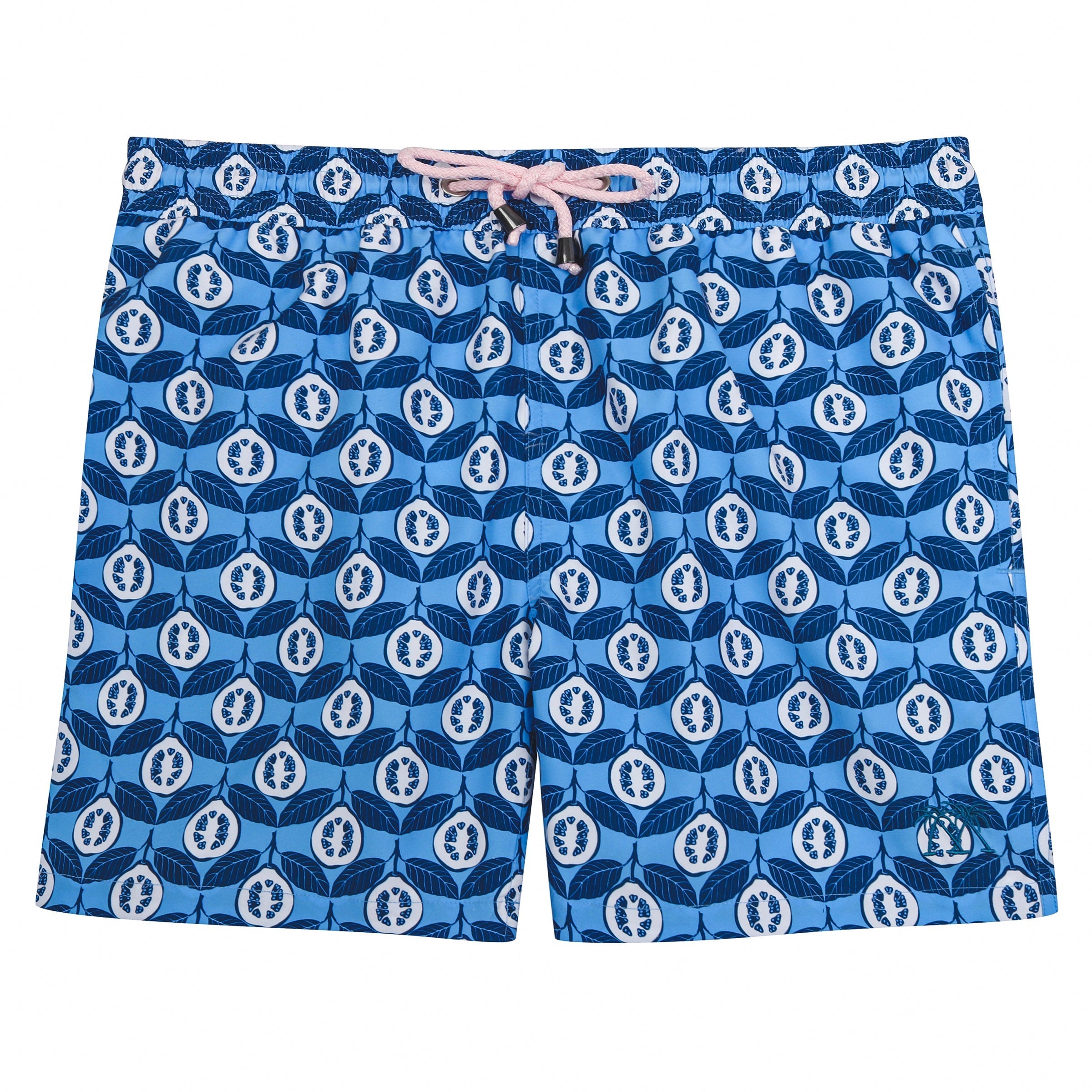 Mens designer swim wear Guava blue print by Lotty B Mustique swim style