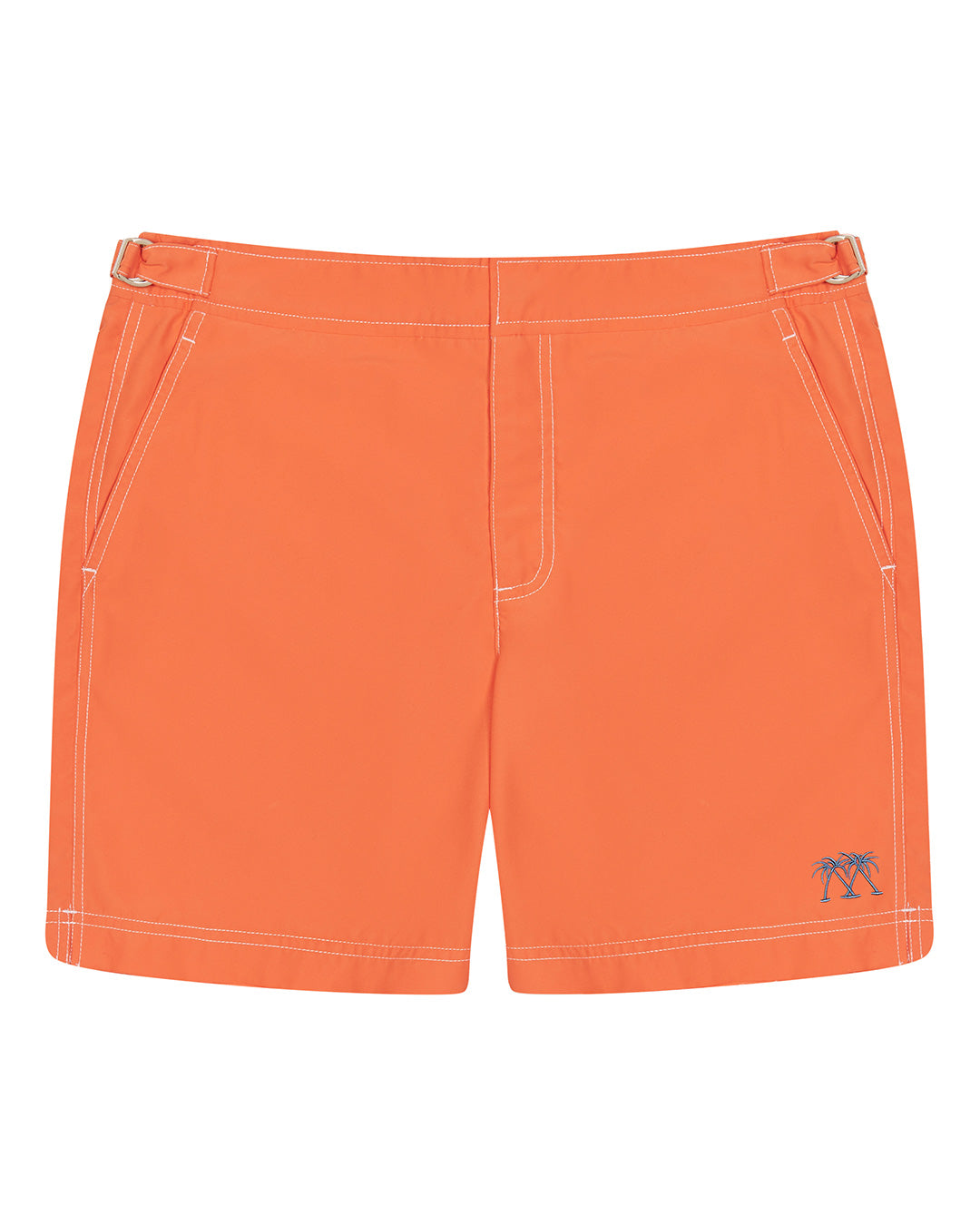 Mens plain orange tailored swim shorts designed by Lotty B for The Pink House Mustique