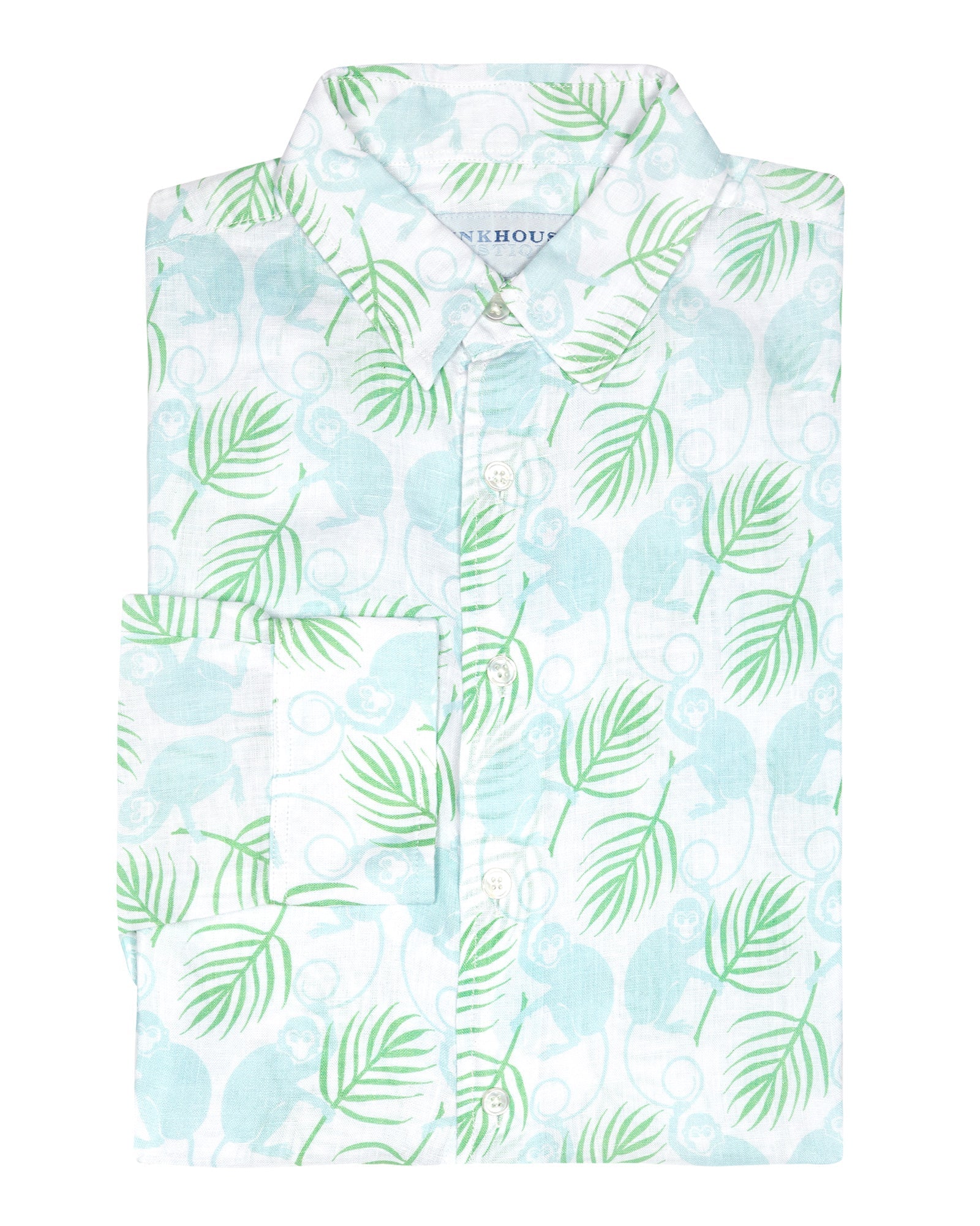 Mens linen shirt in Monkey & Palm pale blue & green print by designer Lotty B