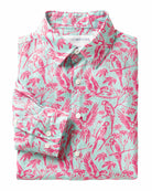 Men's linen shirt in coral pink and turquoise blue Parrot print designer Lotty B Mustique