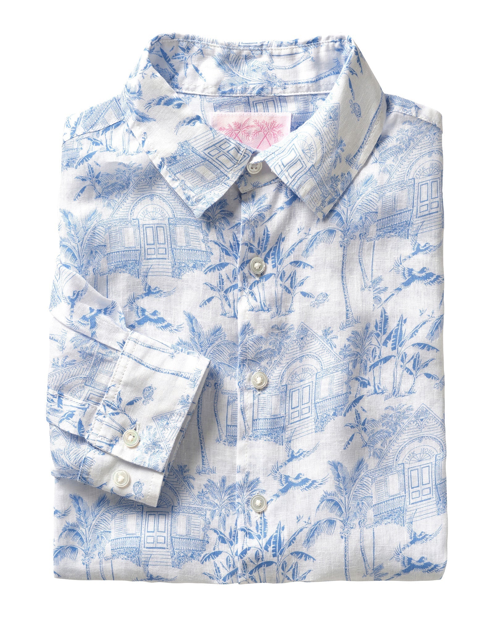 Men's linen shirt in signature blue Pink House Toile de Jouy print by Pink House