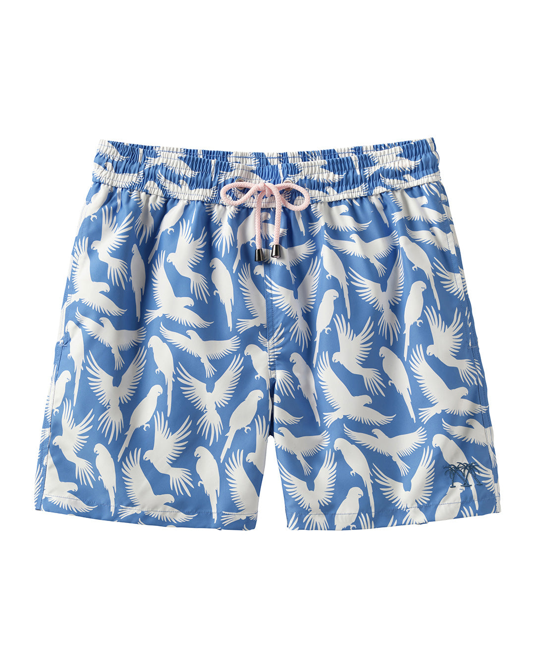 Men's swim shorts in blue and white Parrot print, recycled fabric by Pink House 