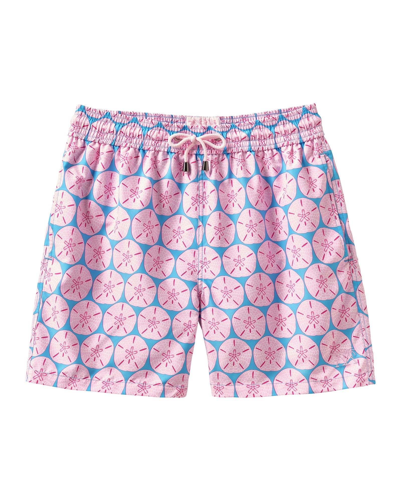 Mens recycled swim shorts in pink and blue Sand Dollar print by Pink House Mustique