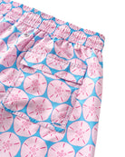 Back pocket detail of mens recycled swim shorts in pink Sand Dollar print by Pink House Mustique