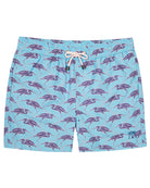 Sustainable Mens swim shorts in blue Egret bird print by Lotty B Mustique