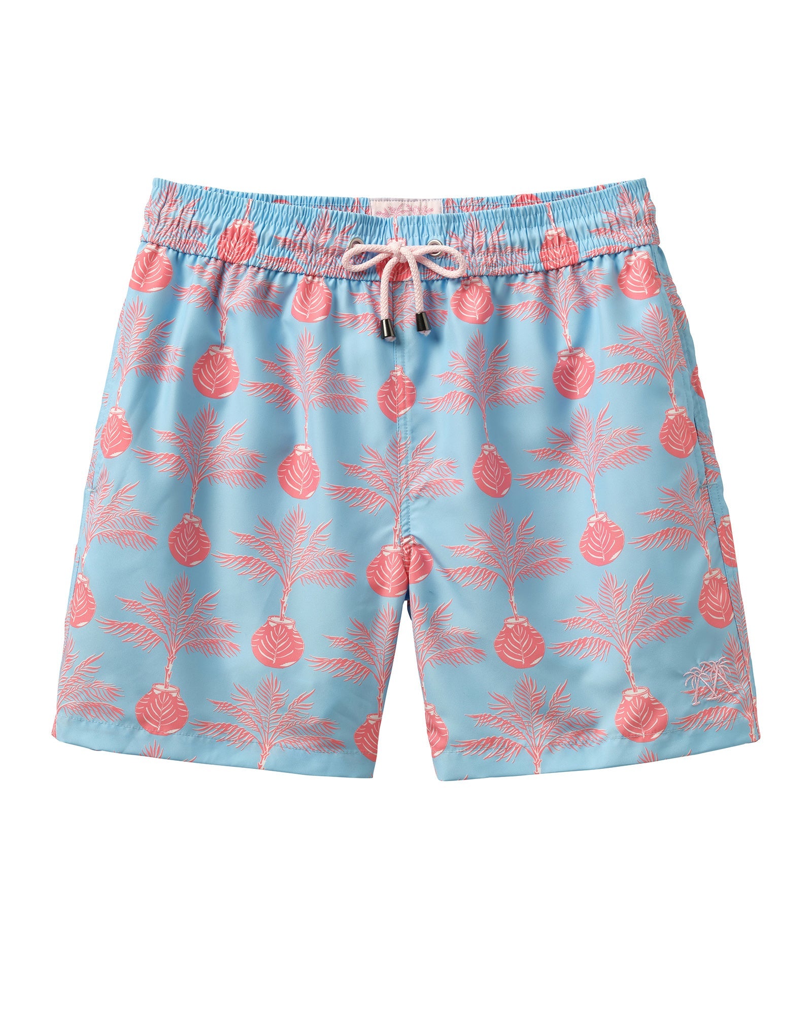 Mens recycled swim shorts in Potted Palm coral turquoise by Pink House Mustique