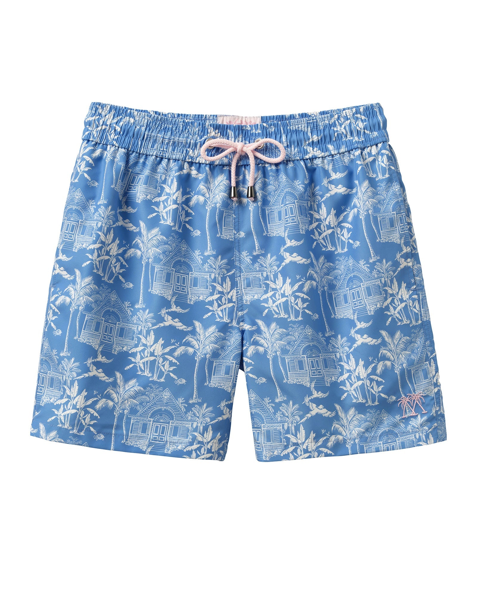 Mens recycled swim shorts in signature blue Pink House Toile de Jouy