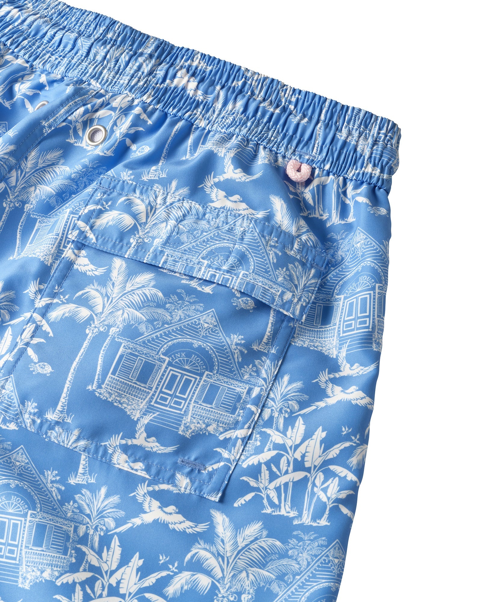 Back pocket detail of mens recycled swim shorts in blue Pink House Toile de Jouy