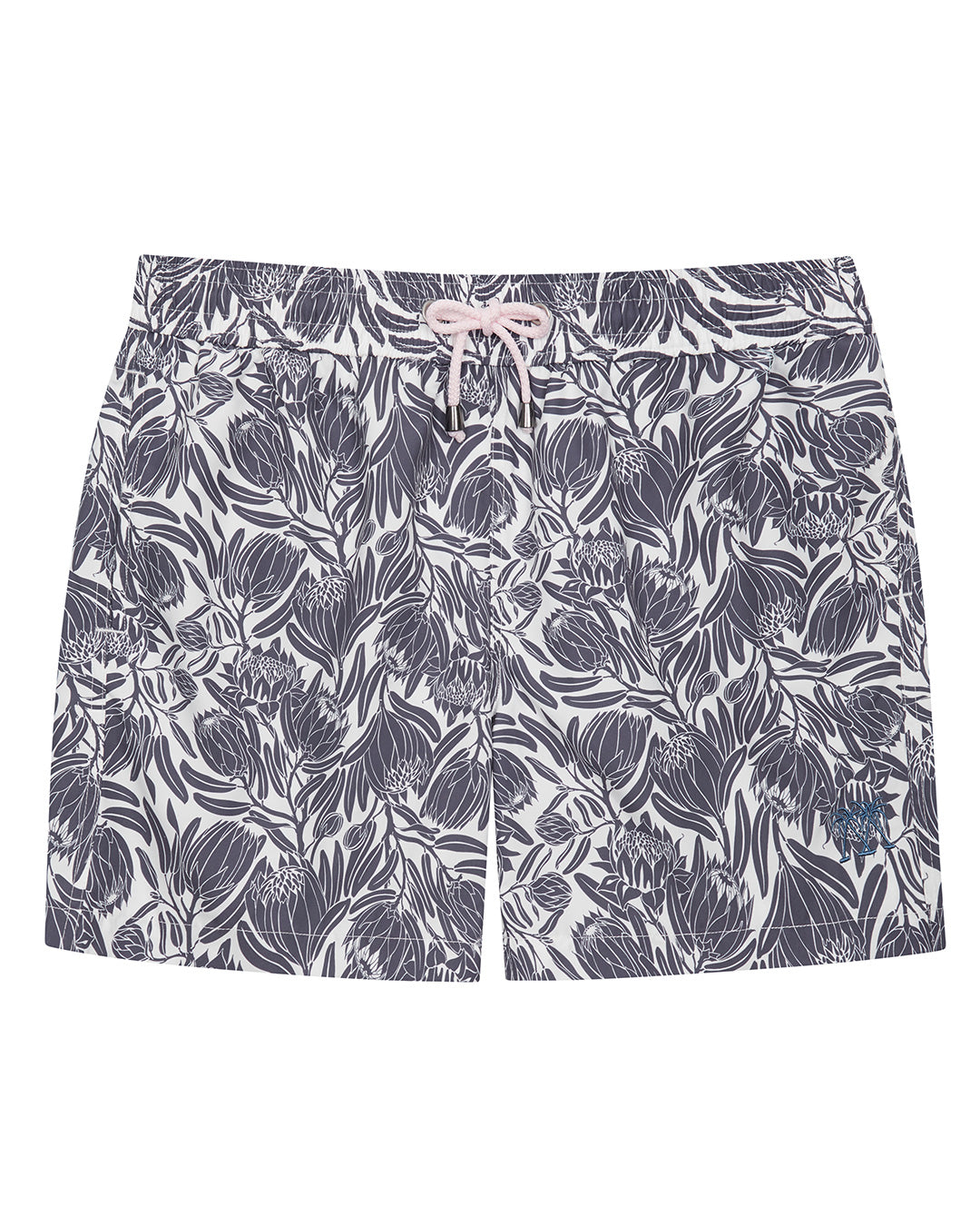 Mens swim shorts in navy blue floral Protea print by designer Lotty B for Pink House Mustique